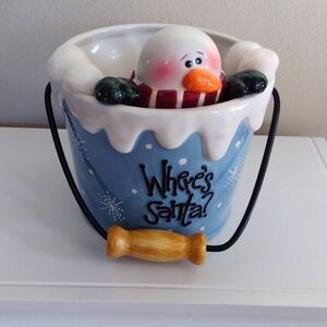 Snowman & Snowballs in Ceramic Bucket with Handle 5.25" Diameter